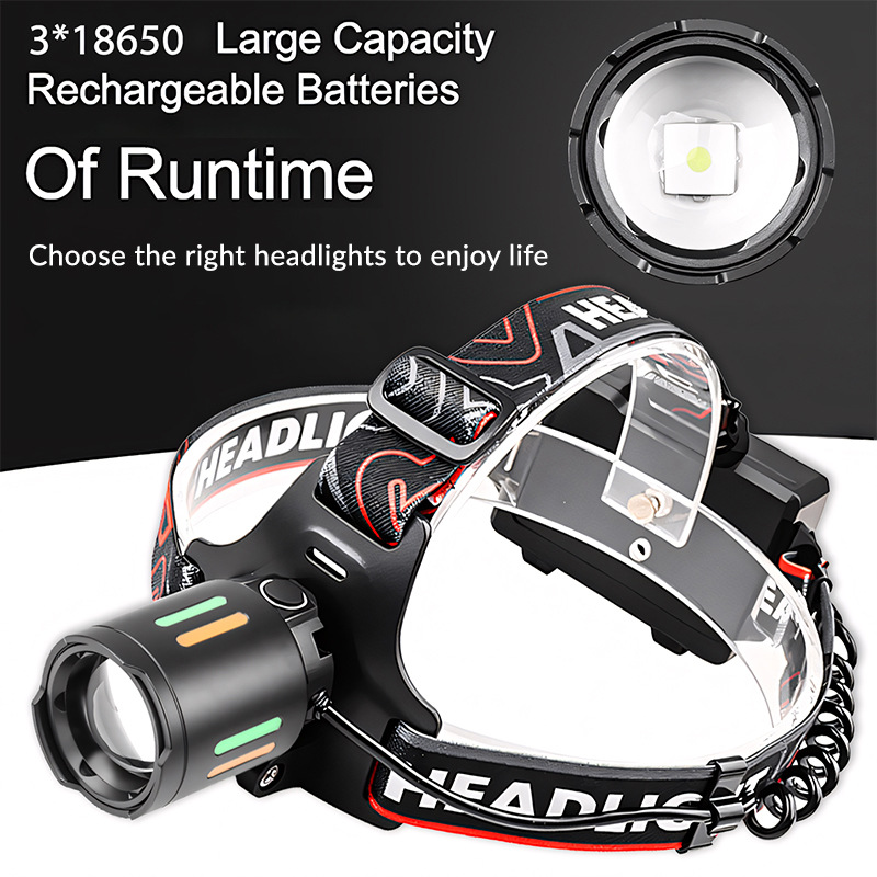 Maßgefertigte, grenzüberschreitende LED-Stirnlampe mit weißem Laser, hoher Leuchtkraft, Zoom, USB-Aufladung und langer Akkulaufzeit für Outdoor-Nachtangeln_voghion.com