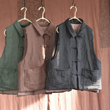 思吅墨/自制砂洗亚麻女式背心上衣 手工盘扣复古原创棉麻女装马甲