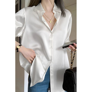 French-Style Light Luxury Satin White Shirt for Women, New Spring High-End Loose Slimming Sun Shirt with Unique Design