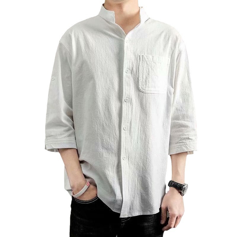 Camisa de lino de los hombres de manga corta verano nuevo estilo coreano de moda casual capa superior 3/4 manga algodón y camisa de lino
