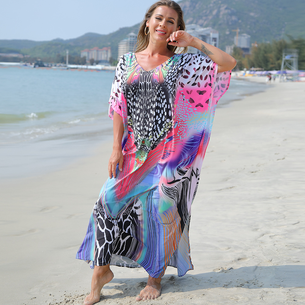 Europeo y Americano de poliéster impreso traje de playa cubierta de protección solar junto al mar camisa de vacaciones falda bikini traje de baño cubierta-up 5D52