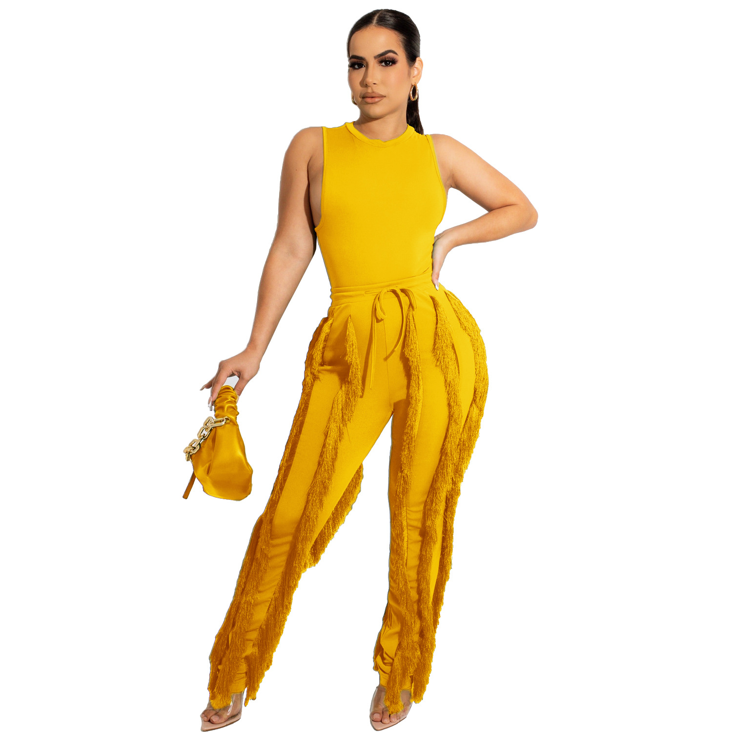 Women's Clothing two piece suits tassel trousers sleeveless casual suits lace summer sexy_voghion.com