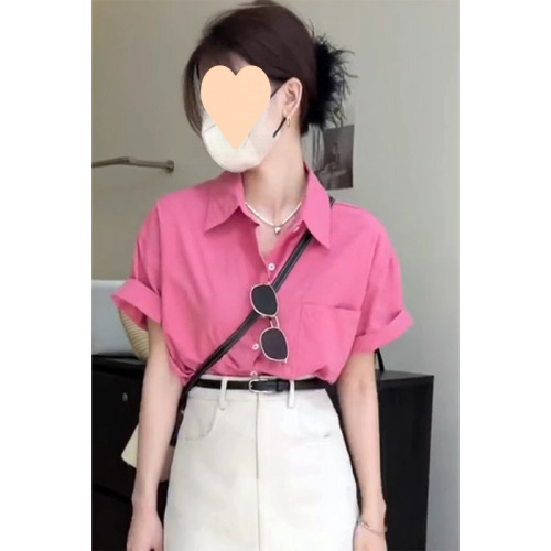 Women's Summer Raspberry Powder Short Sleeve Shirt Loose Chic Youthful Design Small Batch Unique Blouse