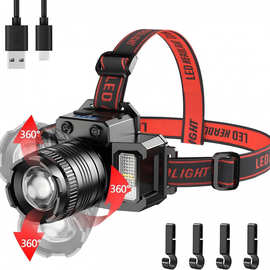 COB侧灯感应头灯伸缩变焦续航户外钓鱼灯头戴式手电筒感应伸缩