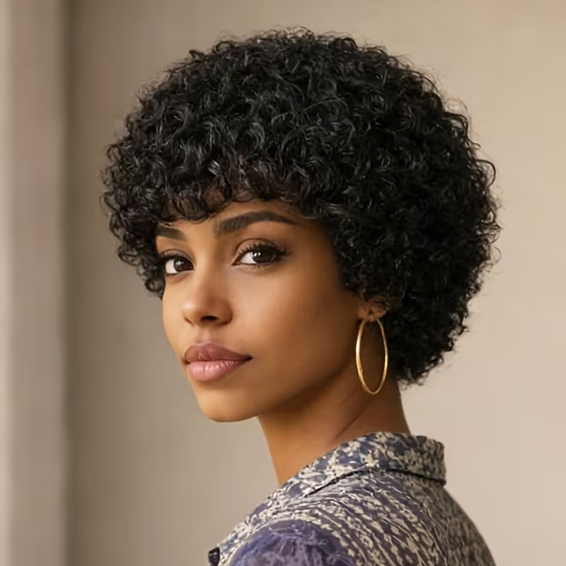 Cross-border women's black mini curly short wig, natural wool curly afro wig, artificial hair, manufacturer wholesale Cross-border women's black mini curly short wig, natural wool curly afro wig, artificial hair, manufacturer wholesale