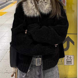 工厂定染毛领小颗粒羊羔毛外套冬黑色毛毛冬装2025新款可一件代发