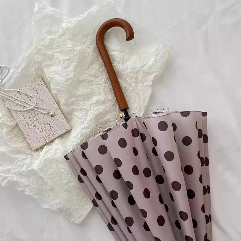 長柄傘 16本骨 香港風傘 女性用 耐風水玉拡大傘 高級 自動丈夫 晴雨兼用傘