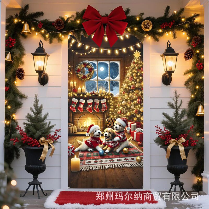 Amazon Temu Hot Selling Christmas Door Curtain Door Cover Christmas Puppy Party Porch Door Curtain Flag