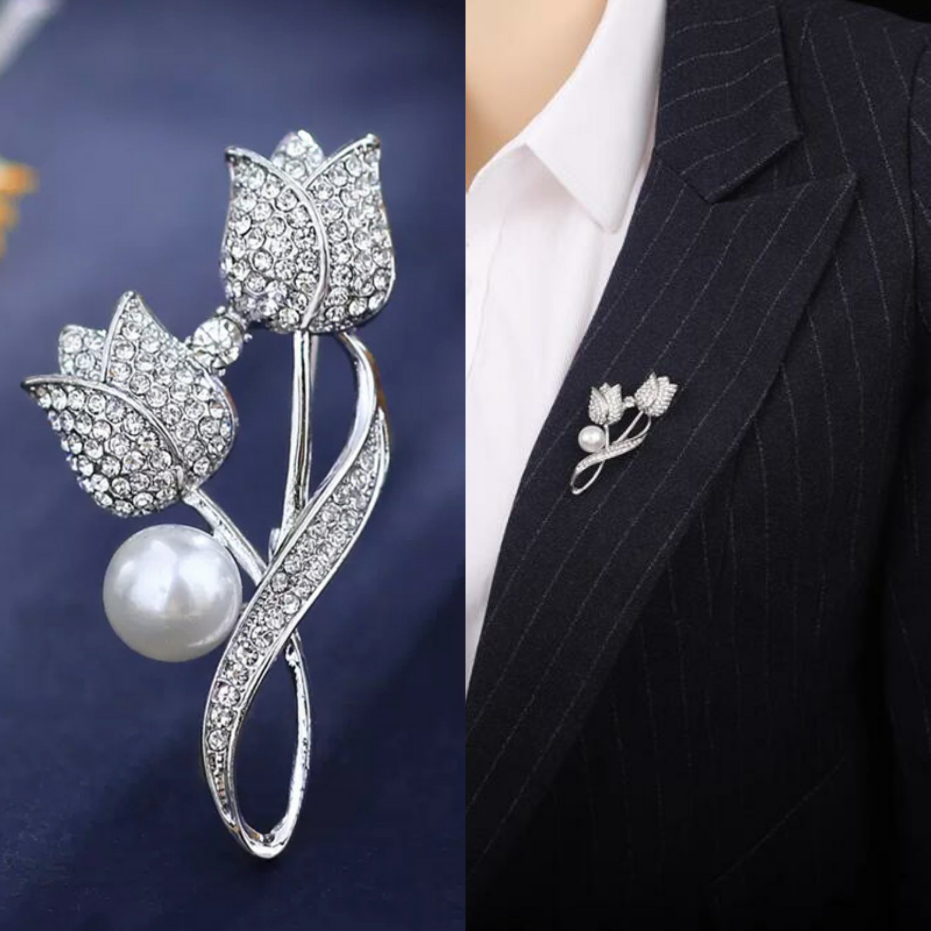 Elegante tulpenbroche met diamant als accessoire voor damespak_voghion.com