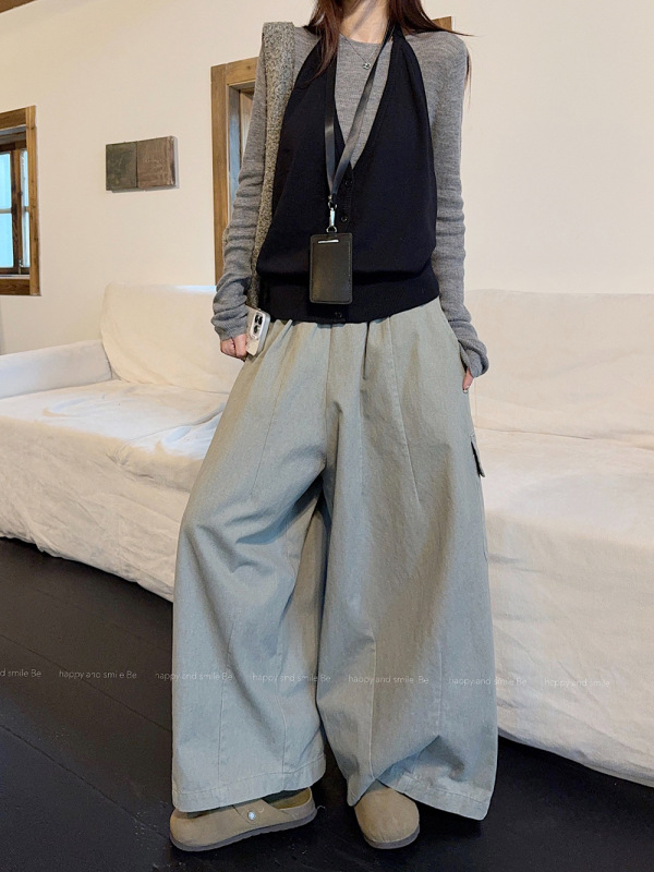 韩系穿搭灰色针织衫挂脖吊带水洗工装休闲裤女2025秋季新款套装潮|undefined