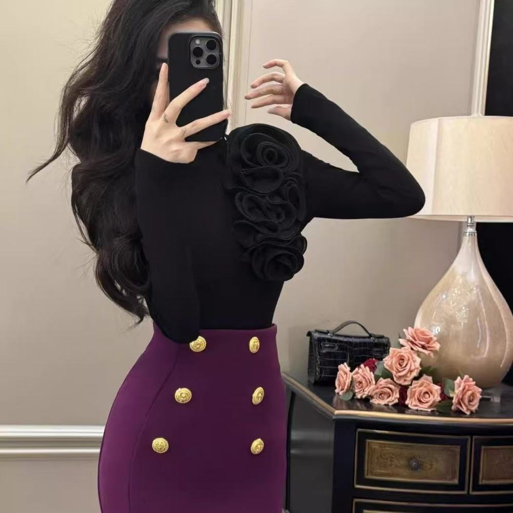 Slim-Fit Hong Kong Style Shirt, Retro New Style, Slimming High Collar Bottoming, Autumn and Winter Fashionable Floral Inner Layer with Three-Dimensional Design