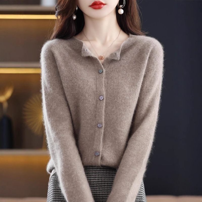 One-Line Readymade Wool Sweater Knitted Cardigan Women's Slim Sweater Coat Autumn and Winter Base Round Neck Long Sleeve Loose Top One-Line Readymade Wool Sweater Knitted Cardigan Women's Slim Sweater Coat Autumn and Winter Base Round Neck Long Sleeve Loose Top