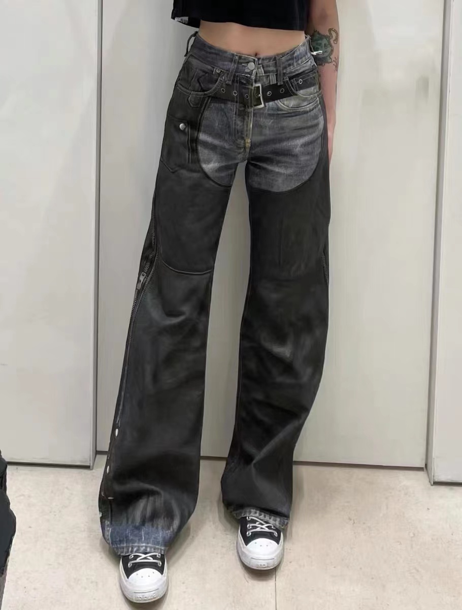 Herrenbekleidung Retro Distressed Stitching Blau & Schwarz bedruckte Gürtelhose Trendy Brand Spot High Street_voghion.com