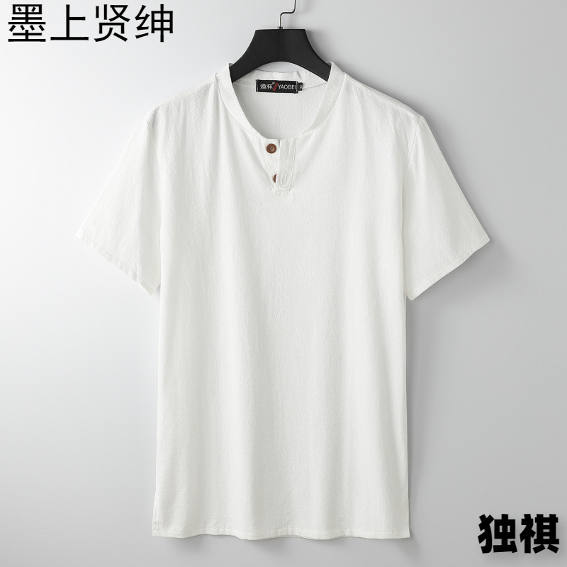 Fat Man Extras Size Vertical Collar Short-sleeved T-shirt Men's Summer Chinese Style Cotton Linen Slit Loose and Fat Half-sleeved T-shirt