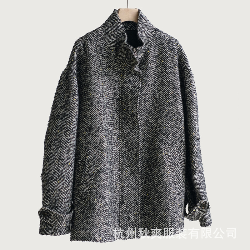 Autumn and Winter Elegant Textured Sesame Jacquard Alpaca Wool Herringbone Pattern Jacket-Style Mid-Length Coat for Women
