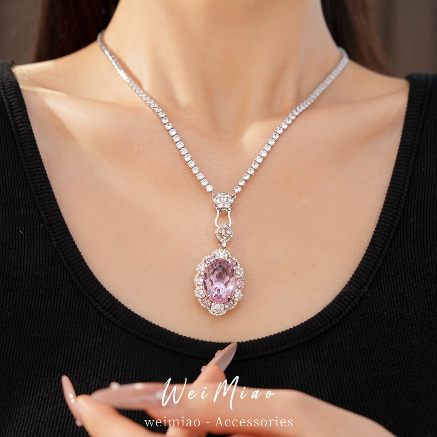 Collar oval de zircón rosa lujo ligero nicho cerradura palacio estilo delicado temperamento conjunto de joyas al por mayor