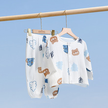 酷娃米儿童纱布套装春夏薄款卡通绉布家居服女童吸湿棉睡衣两件套