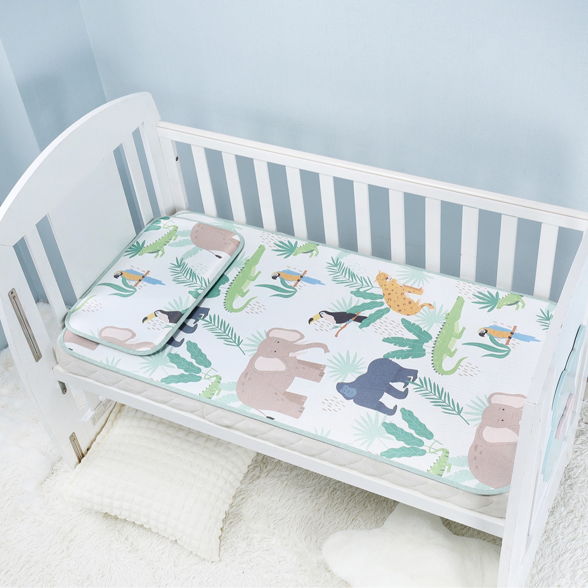 Children's Ice Silk Printed Mat Washable Kindergarten Summer Baby Small Bed Cool Mat Tropical Elephant
