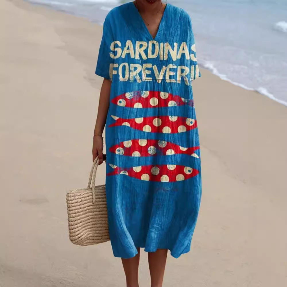 Plus Size Women's Shirt Pocket Short Sleeve Dress Ocean Element Fish Vacation Style Dress_ecoleips.com