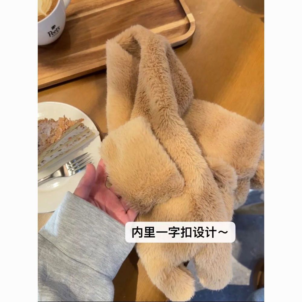 여성 겨울 곰돌이 봉제 목도리 보온 퍼 머플러 브라운