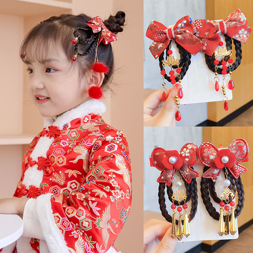 children new Chinese wind bows wig fairy princess hanfu hairpin ancient tassel to clamp the baby headdress in the New Year