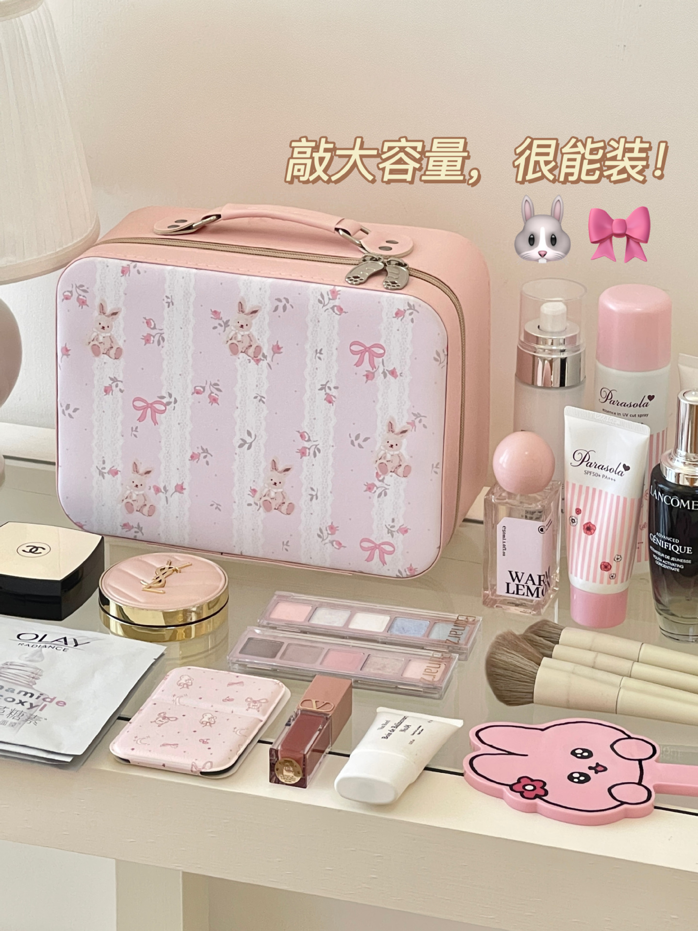 Bolsa de cosméticos de conejito floral con espejo linda caja de cosméticos portátil caja de almacenamiento de viaje portátil caja de lavado impermeable mujer