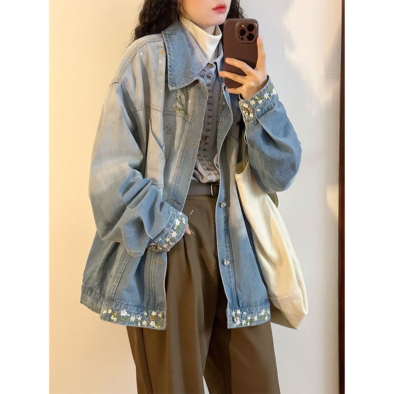 2025秋季美式复古潮牌上衣设计感宽松花卉刺绣渐变牛仔夹克外套女|undefined