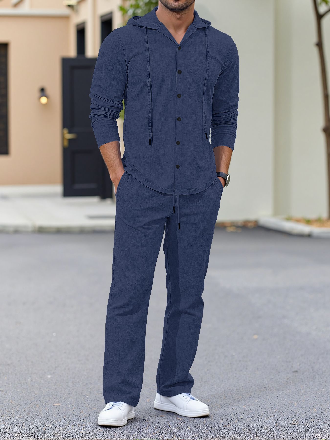 Men's Linen Hooded Shirt & Pants Set - Relaxed Fit Casual Outfit For Spring & Autumn (Beige/Gray, S-XXL) | Breathable Natural Fiber Lounge Wear_voghion.com