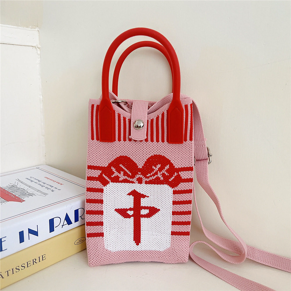 108g Weight Polyester Lining Material Buckle Closure Type Top Handle Strap Type Handbag Bags Type Casual, Daily Occasion Knit Material Cat Pattern All Seasons Season Women's Gender Vintage Style, Classic Style Style Bucket Shape Small Size Women's Small Knit Cat Vintage Style Classic Style Bucket Buckle Handbag 7