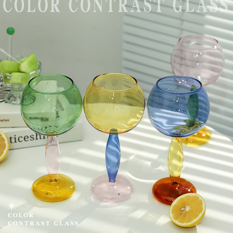 Red neta de alto valor, copa de vidrio de color de contraste de viento ins, costura para el hogar, copa de vino de vidrio de borosilicato esférico de color
