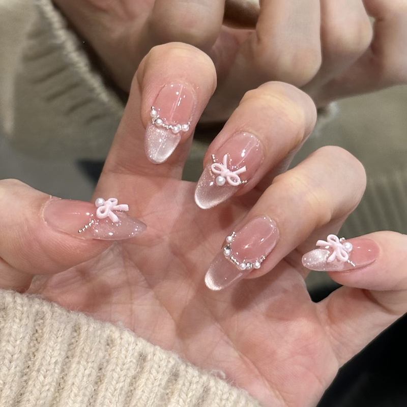 Cat-Eye French-Style Sweet Pink Blush Pearl Bow Sparkling Diamond European and American Ins-Style Detachable Nail Art 30 Pieces