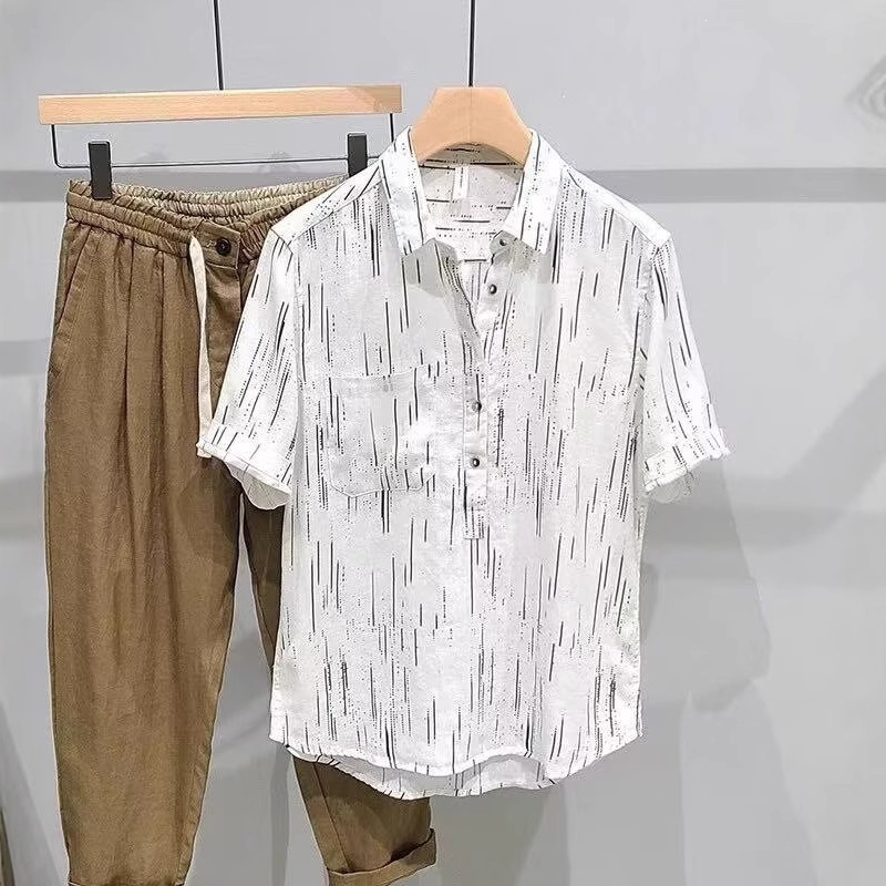 Men's Clothing Men's Summer Thin Linen Shirt Floral Print 5/8 Sleeves Breathable Trendy All-Linen Shirt For Formal & Casual_viptrois.com