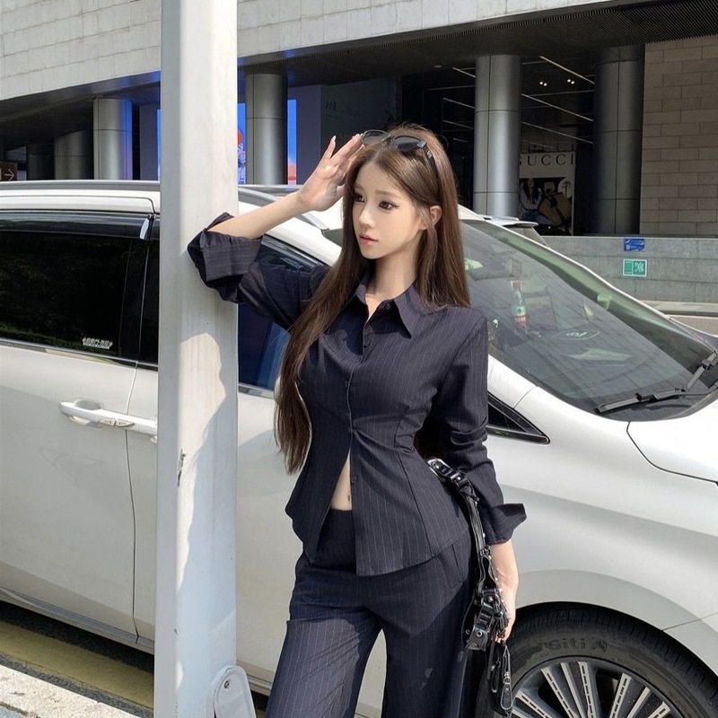 御姐感套装气质polo领长袖条纹衬衫女2025秋季微喇叭休闲裤两件套|undefined