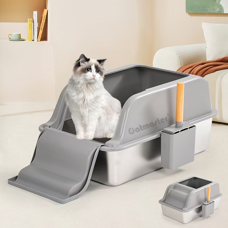 Chậu cát vệ sinh bằng thép không gỉ dung tích lớn chống cát bên ngoài chậu cát vệ sinh với hộp cát điều khiển nắp lật bán lộ thiên