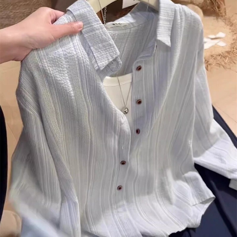 Korean Retro Blue Vertical Striped Long-Sleeve Collared Shirt for Women, Summer High-End Loose and Casual Shirt Jacket Trendy Korean Retro Blue Vertical Striped Long-Sleeve Collared Shirt for Women, Summer High-End Loose and Casual Shirt Jacket Trendy