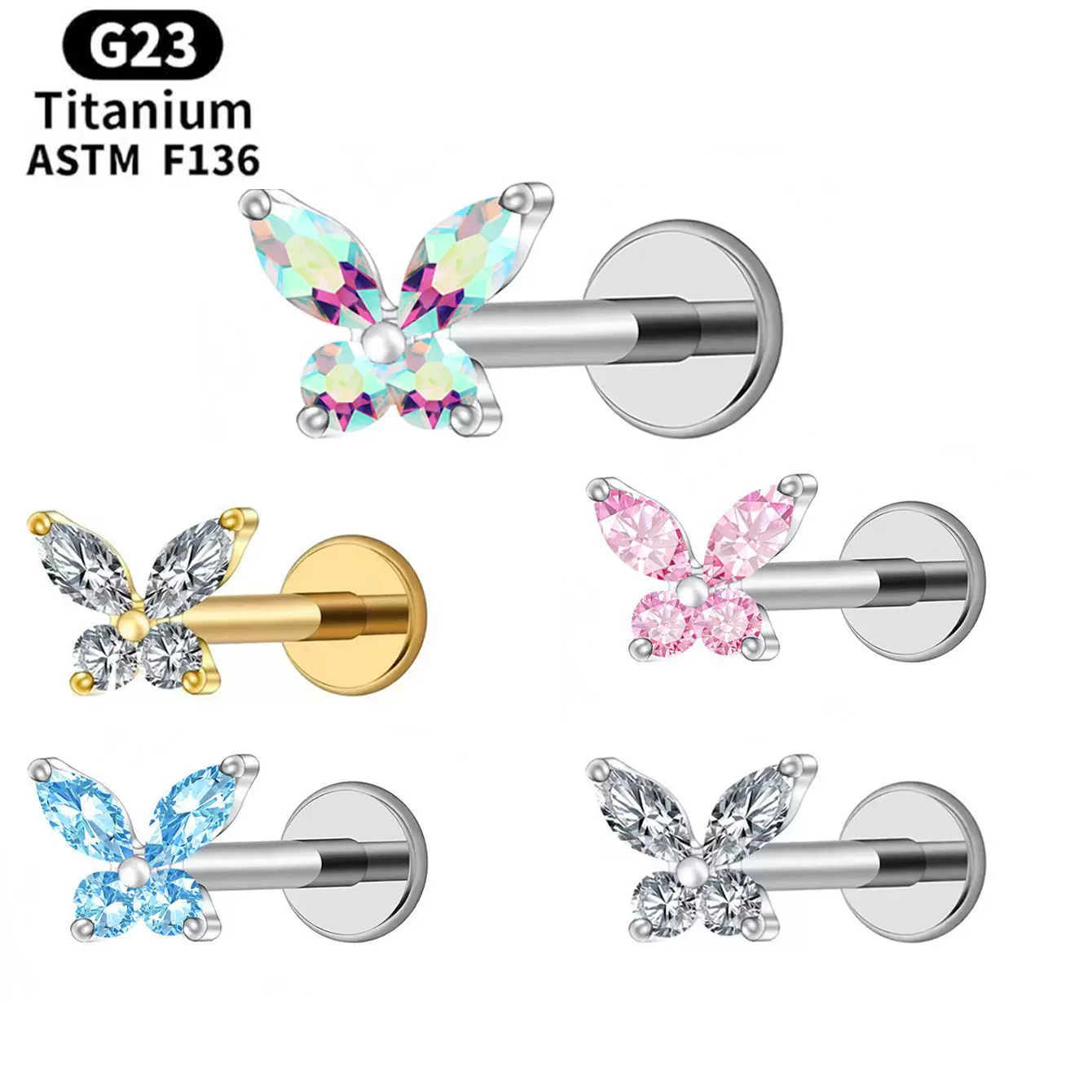 F136钛耳镶5A锆石蝴蝶唇钉G23钛合金耳骨钉耳环人体穿刺唇环饰品