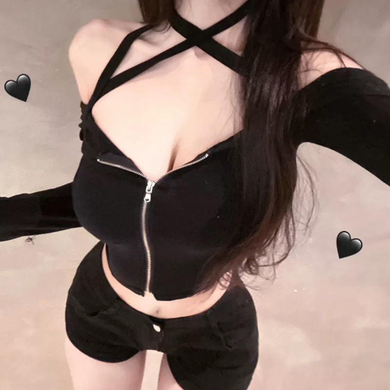 South Korea Dongdaemun New Pure Han Meier ~ Pure Want to Tie Low Chest Shoulder Show Waist Long Sleeve Cardigan se