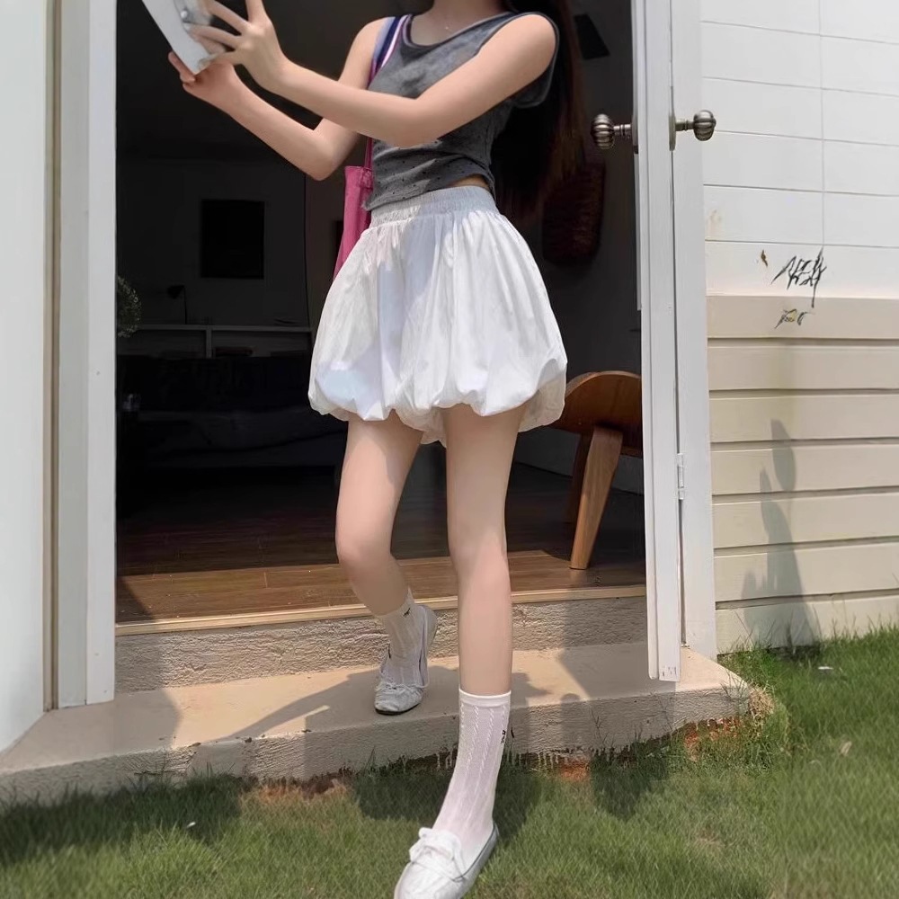 夏季小个子高腰显瘦休闲裤设计感蓬蓬花苞裙裤女阔腿裤a字短裤子