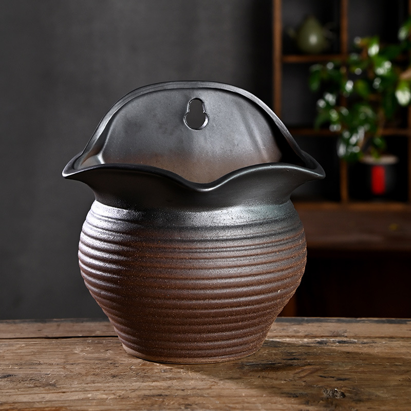 Patio al aire libre montado en la pared retro creativa maceta de eneldo verde cerámica de cerámica de gres para el hogar olla de cerámica carnosa liquidación al por mayor