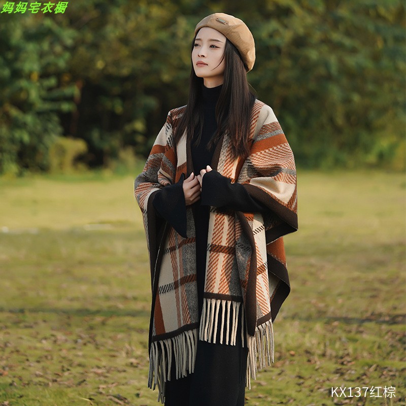 Chaqueta de abrigo de capas de bordas a cuadros franceses de otoño para mujeres con un pequeño chal de lana con una bufalla de abrigo grueso