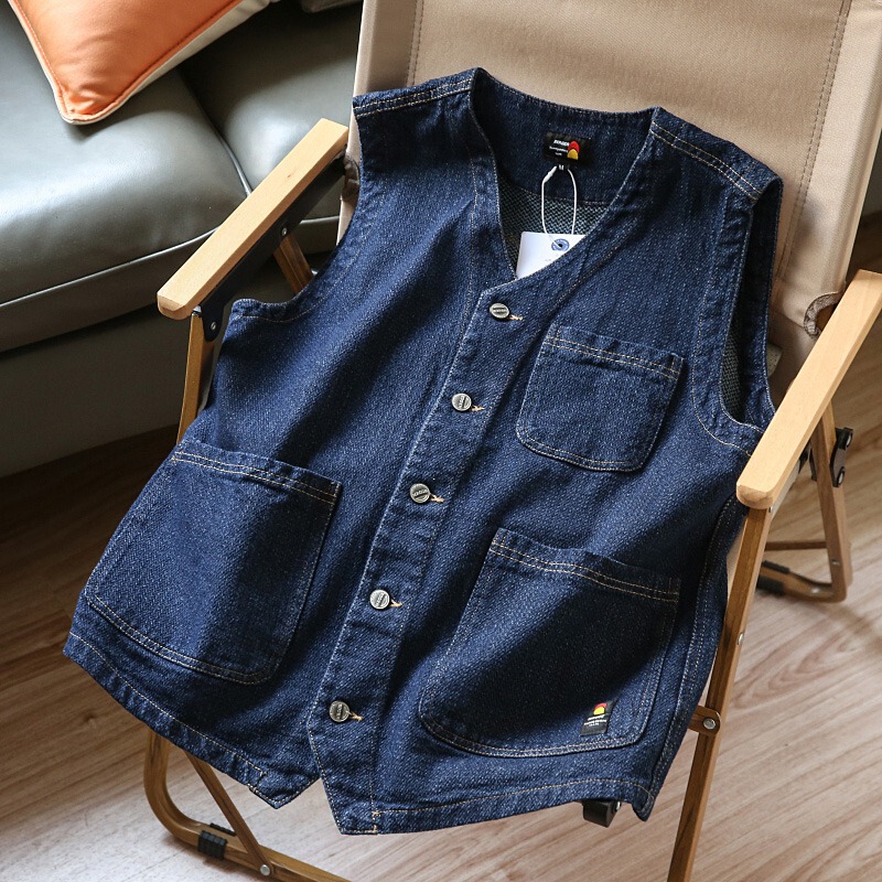 Summer and Autumn V-Neck Multi-Pocket Casual Denim Vest Jacket for Men and Women, Loose Cardigan Outerwear Work Vest