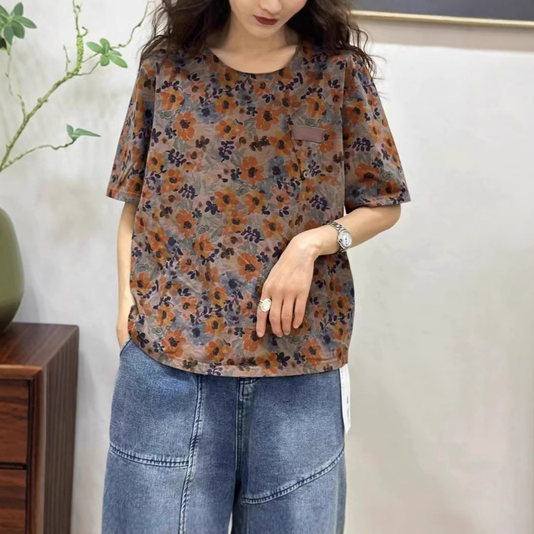 5558原创文艺复古圆领短袖T恤衫女夏季新款百搭显瘦碎花全棉上衣
