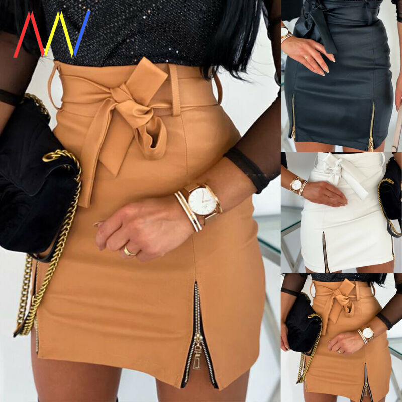 2020 Women Bandage PU Leather Skirt Ladi...