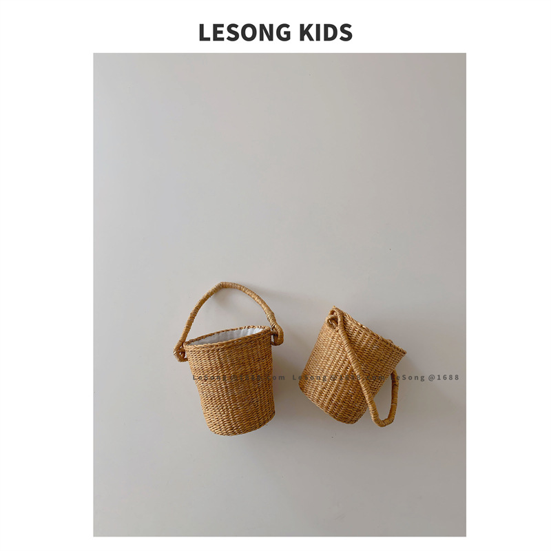 INS Korean style cute little basket for girls, fashionable children's bucket straw bag, toddler handbag, baby beach bag