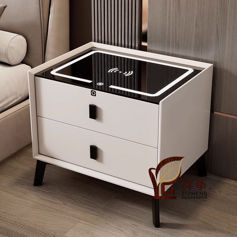 Bedroom Light Luxury High-End Bedside Table, Simple Modern Home Use 2025 New Model with Wireless Charging Smart Solid Wood Cabinet
