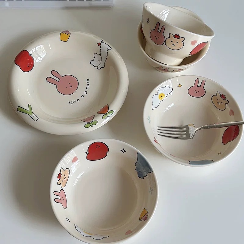 オリジナルかわいい下絵色手描きリンゴウサギ家庭用皿プレートライスボウルサラダヨーグルトボウル食器セット|undefined