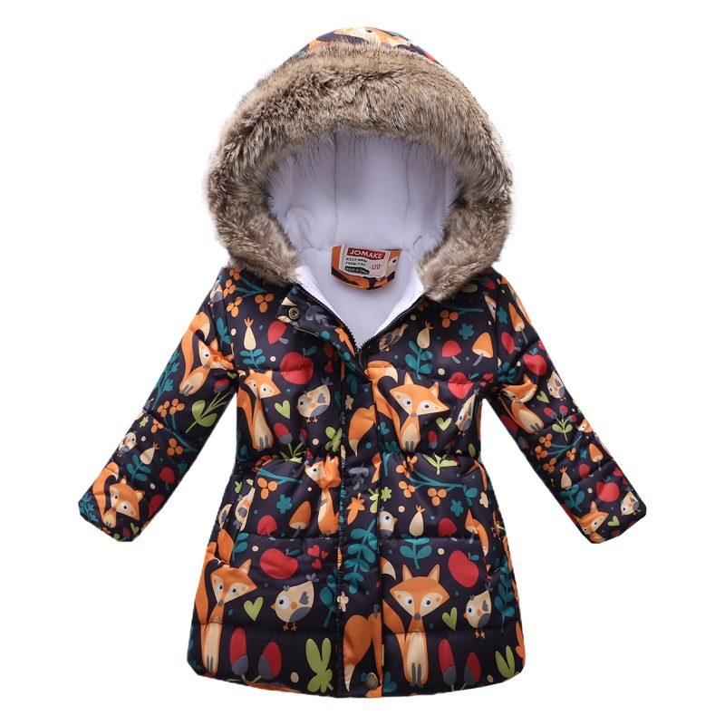 Otoño e invierno nueva ropa para niños y niñas dibujos animados de moda impresa chaqueta acolchada de algodón Chaqueta de algodón con capucha de Cuello de piel de longitud media para niños