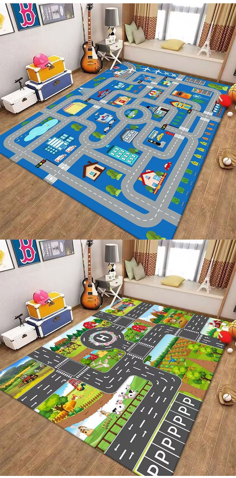 Children's Fun Parking Lot Play Mat for Kids, Parent-Child Interaction, Baby Early Education, Living Room Floor Mat, Stain-Resistant, Easy to Clean, Large Carpet