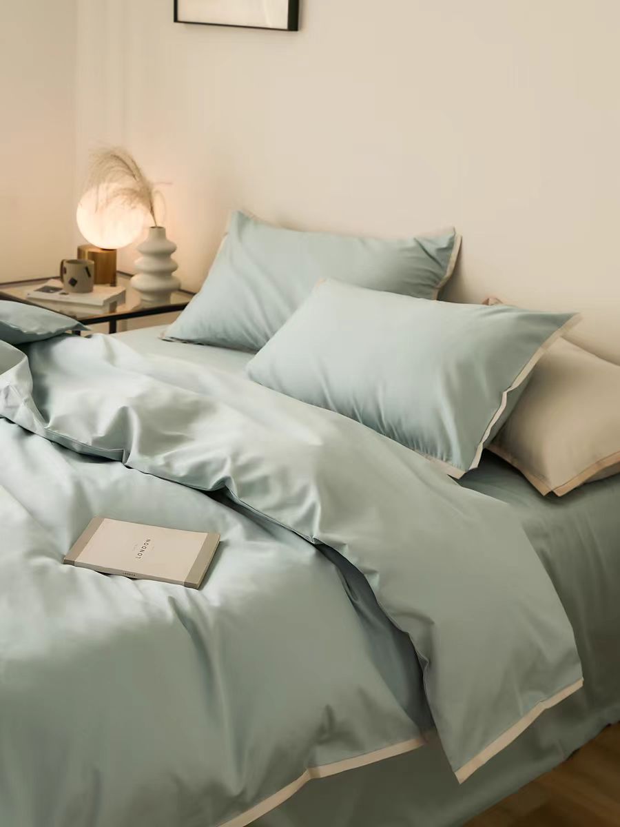 Estilo nórdico 100S algodón de cuatro piezas de satén de algodón de fibra larga algodón de cuatro piezas de algodón puro simple funda de edredón de cama de color sólido sábana