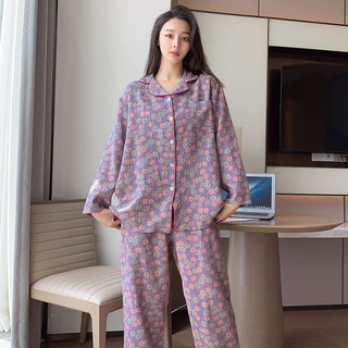 新款大码纯棉睡衣女士卡通印花长袖长裤两件套春秋翻领睡衣薄套装